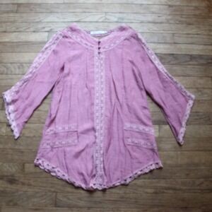 Solitaire Blouse Top Crochet Lace Trimmed Bell Sleeve Mauve Small Boho Hippie